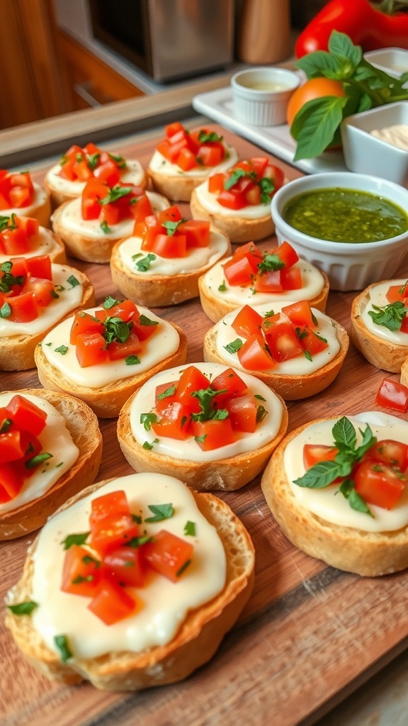 A variety of bread appetizers with cheese, tomatoes, and herbs on a wooden platter.